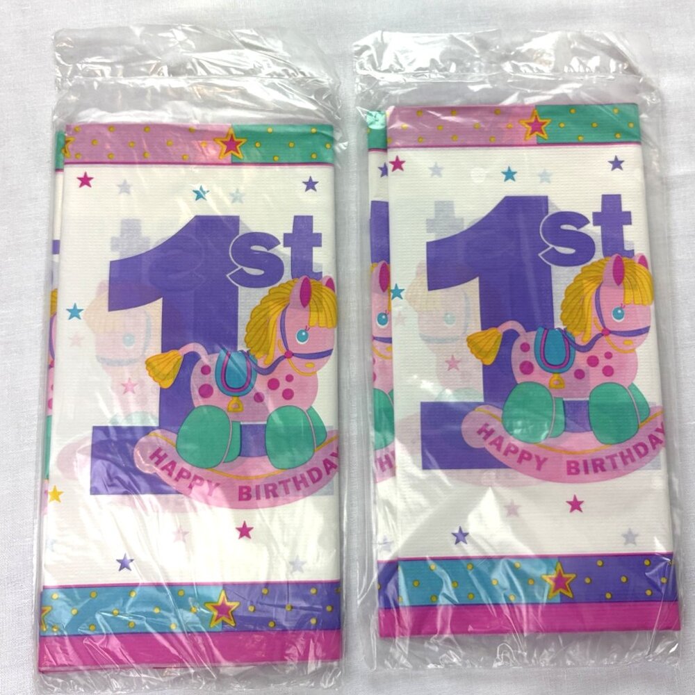2 Pc Happy 1st Birthday Party Tablecloths y2k Baby Girl Purple & Pink 54"x102"